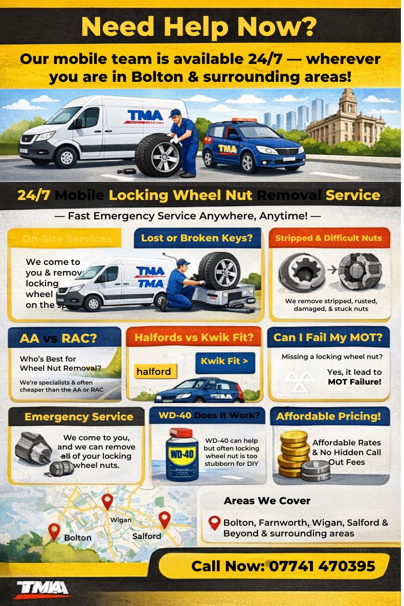 TMA Mobile Tyres Bolton — mobile locking wheel nut removal service coming to you