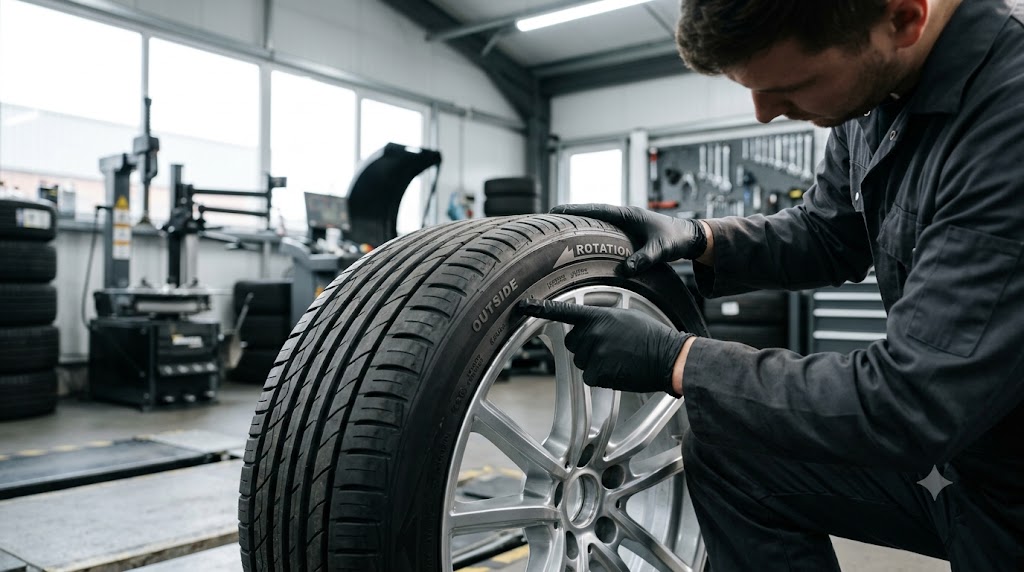 Close-up comparison of directional tyre rotation arrow and asymmetric tyre Outside marking on sidewalls